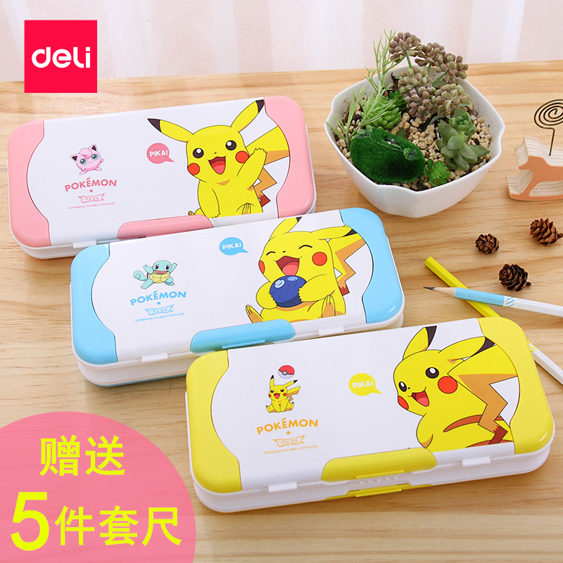 Able Pencil Case Cartoon Pichikachu Pencil Case Elementary School Students Multifunction Triple Layer Stationery Containing Box Pen Bag
