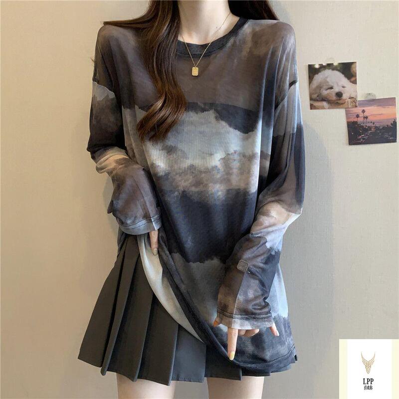 Thin Ice Silk Long-Sleeved Sun Protection Blouse for Women in Summer, Plus Size, Loose and Slimming, Mid-Length Tie-Dye Mesh Top