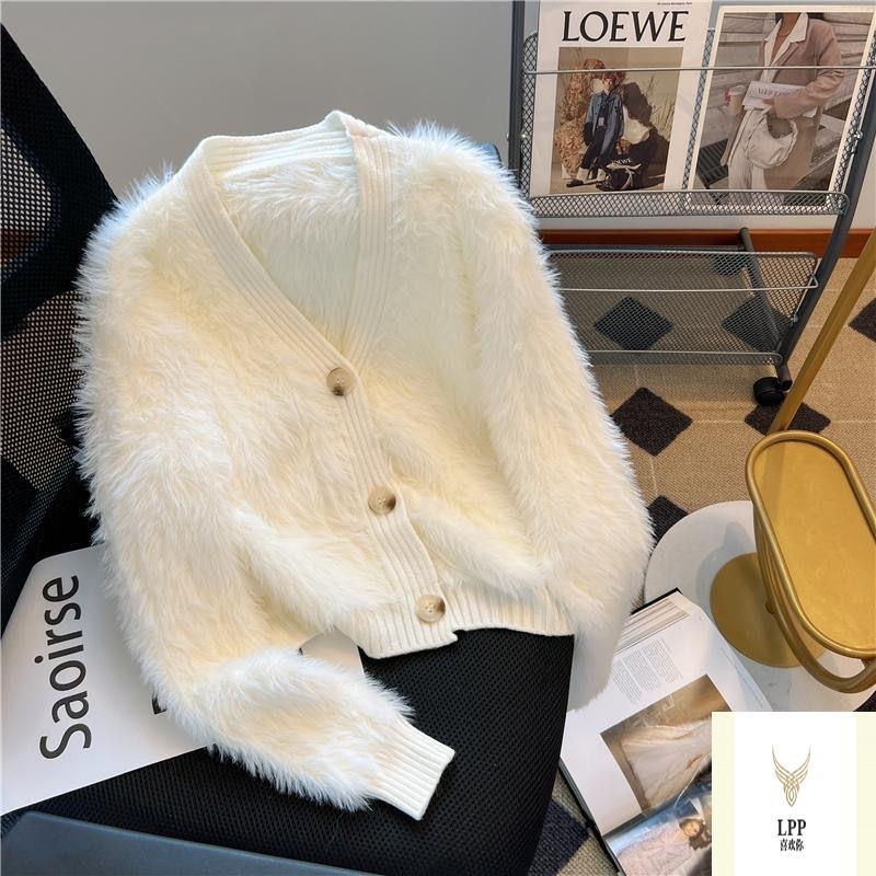 Clearance Soft and Cozy Short Coat, Autumn and Winter Gentle Style, Creamy White Knitted Cardigan, Thickened V-Neck Lazy Sweater Top