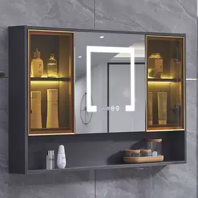 Bathroom smart mirror cabinet Separate wall-mounted storage with shelf Powder room defogging solid wood makeup mirror with light
