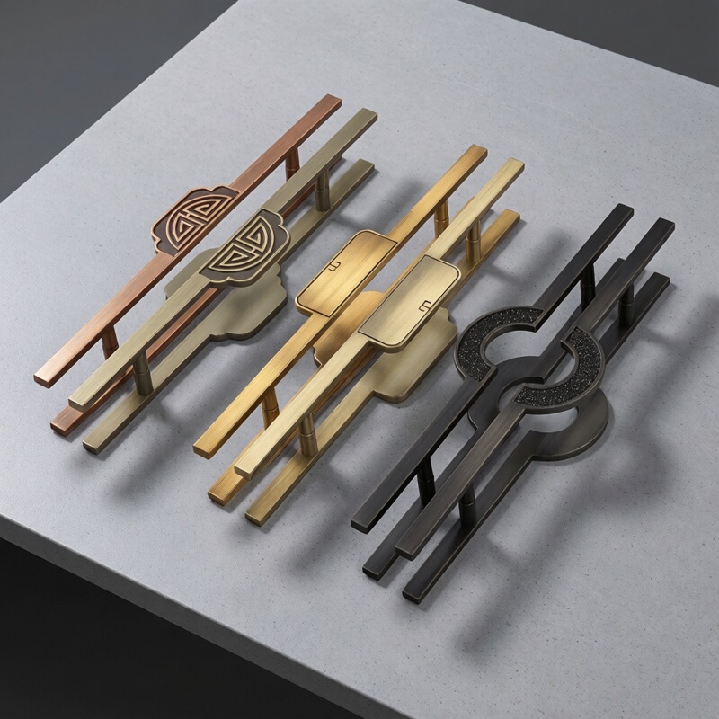 Luxury Door Handle, New Chinese Style Light Luxury Shop Wooden Door Glass Door Handle, Aluminum Alloy Antique Copper Carved Handle