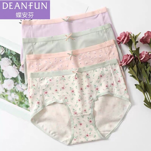 (4 ຊິ້ນ) Die Anfen ແມ່ຍິງກາງແອວ Pure Cotton Floral Stretch Cotton Comfortable Small Boxer Briefs Small Floral Youth