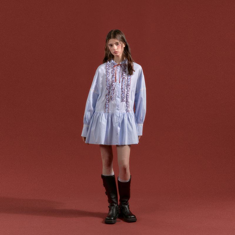 Rumpumpum Pure Cotton Blue Lace Patchwork Ribbon Tie Loose Shirt Dress