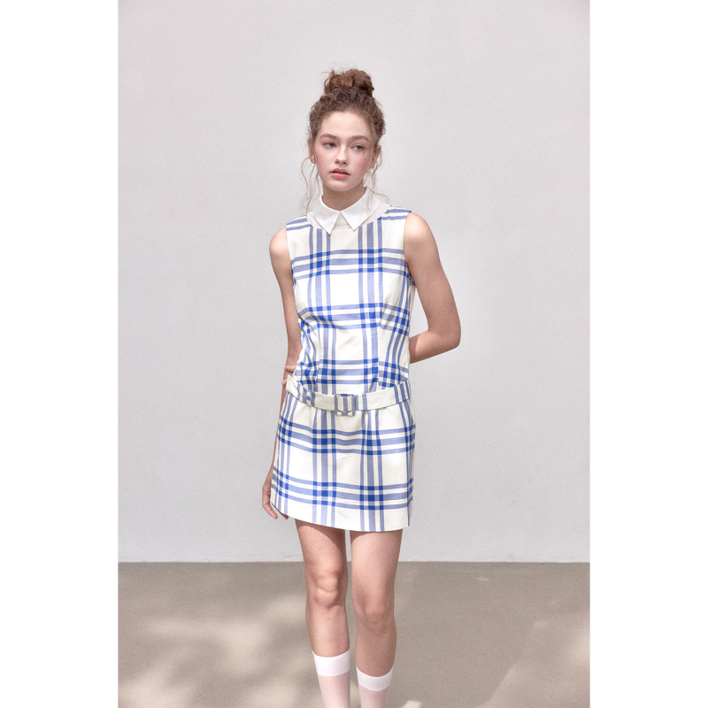 Rumpumpum Blue Plaid Pure Cotton Preppy Style Faux Two-Piece Belted Waist-Cinching Dress Rumpumpum Blue Plaid Pure Cotton Preppy Style Faux Two-Piece Belted Waist-Cinching Dress