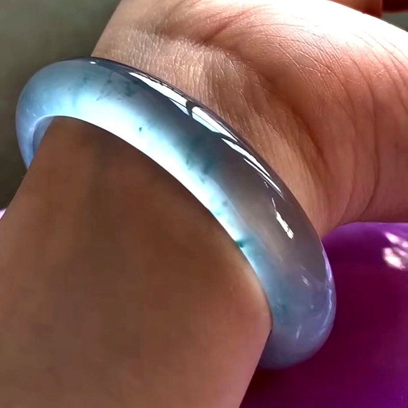 Shuili Jewelry Myanmar Natural Grade a Old Mine Jade Glass Ice Type Blue Round Bangle High-End Women's Jade Bracelet