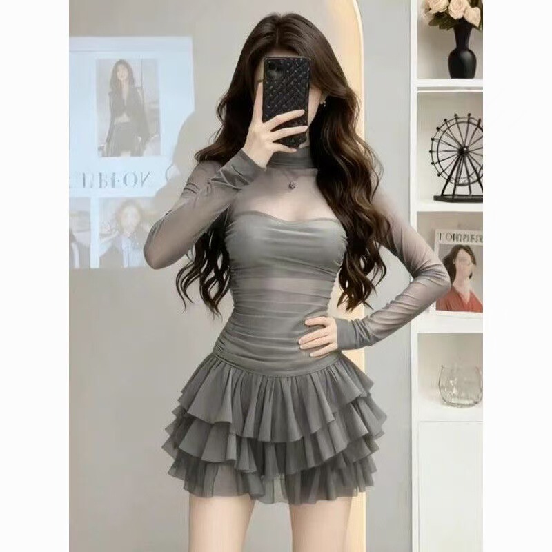 Light Luxury Style Mesh Patchwork Long-Sleeved High-Neck Cake Dress for Women, High-End French-Style Banquet Dress Light Luxury Style Mesh Patchwork Long-Sleeved High-Neck Cake Dress for Women, High-End French-Style Banquet Dress