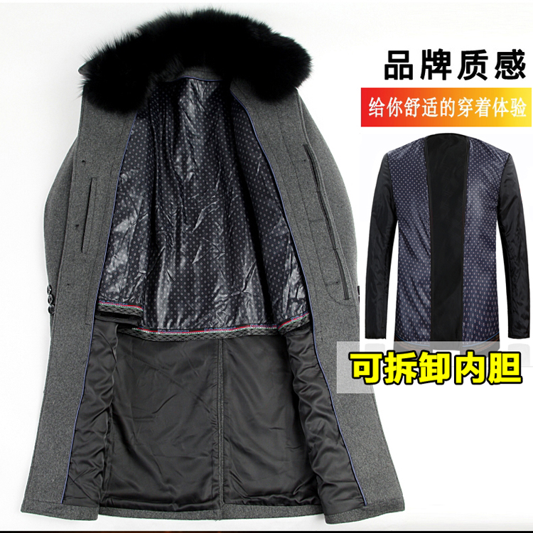 Áo len cashmere mùa đông Playboy nam dài trung niên với cổ áo lông thú và áo khoác nhung lót nhung áo lạnh nam