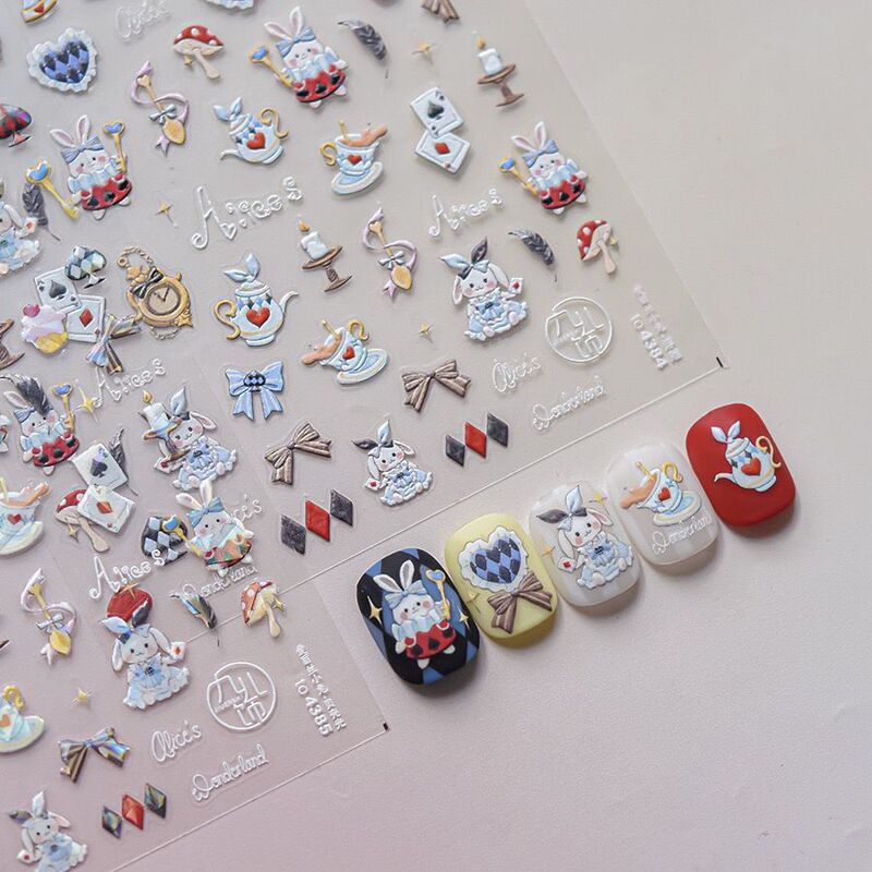 Tomoni Nail Art Embossed Style Alice in Wonderland Playing Cards Bunny Retro Cute Cartoon Nail Stickers