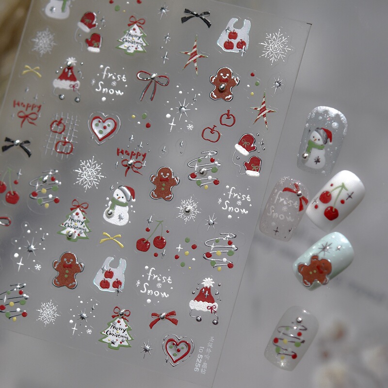 Tomoni Nail Art Metallic Silver Cute ins Christmas Gingerbread Man Snowman Christmas Tree Bell Nail Stickers