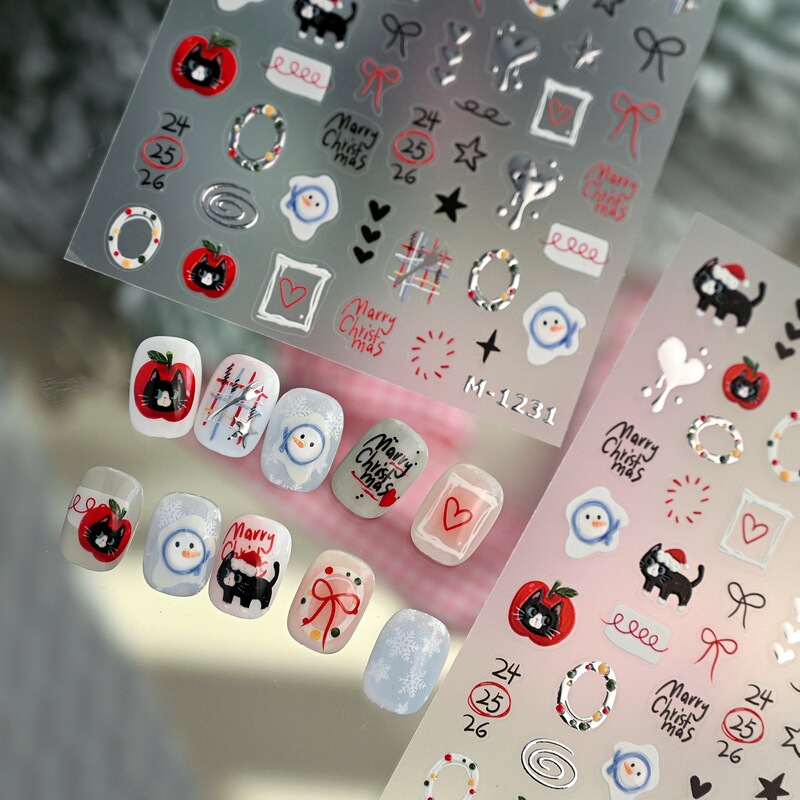Iron Nail Art Silver Winter ins Korean Style Graffiti Christmas Little Black Cat Melting Snowman Bow Nail Stickers
