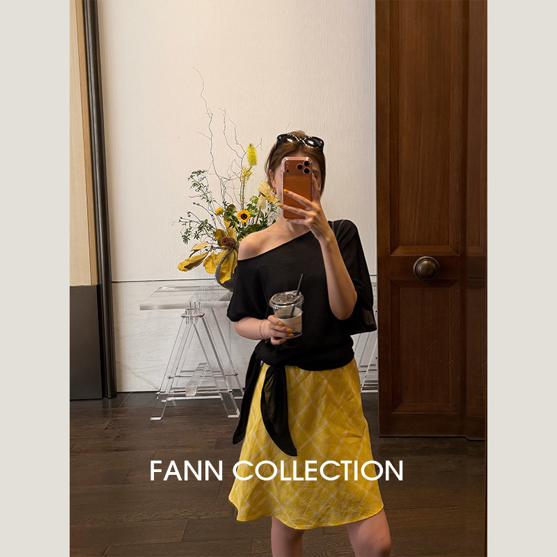 Fanfan Fancollection Soft Woven Lyocell Linen Light and Airy Textured Lace-Up Knit Top Fanna432