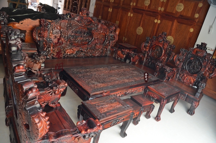 Pinxiangge Burmese gỗ hồng mộc Cửu Long Bộ ghế sofa 12 bộ đồ nội thất bằng gỗ gụ 12 mét - Bộ đồ nội thất bộ bàn ghế thông minh