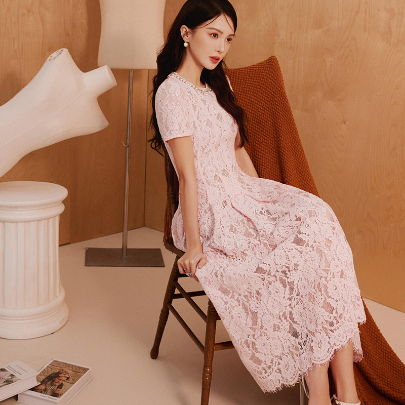 In Stock Selfsp Brand 2026 Spring/Summer New Banquet Pearl Round Neck Lace Dress Pro Version