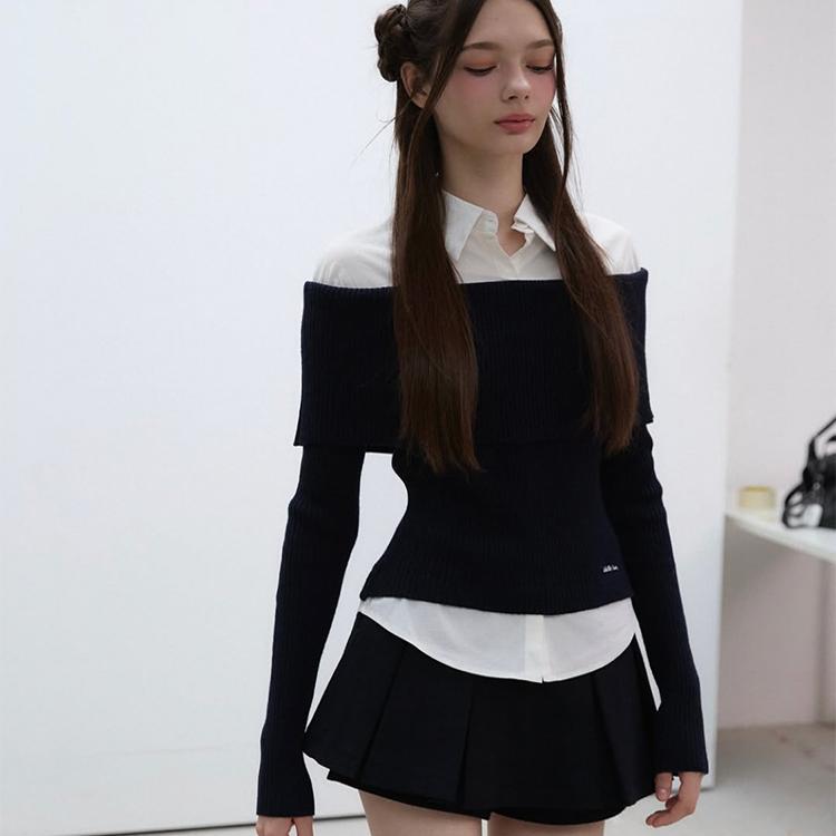 In-Stock Korean Labelleblanc French-Style Fake Two-Piece Off-Shoulder Knit Sweater for Women, Autumn Vintage Top