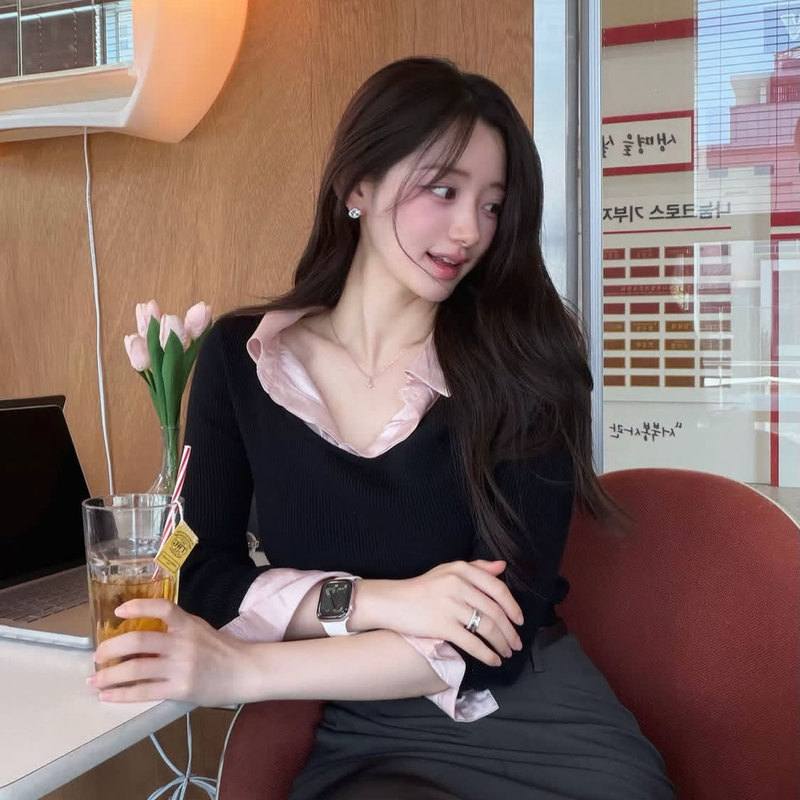 Han Suhy's Same Style Lautre French Fake Two-Piece Shirt Collar Knit Sweater for Women, Autumn Waist-Cinching Slimming Top
