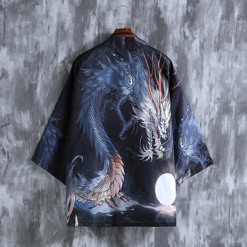 Chinese style Han element kimono robe men and women retro ukiyo-e dragon totem loose five-point sleeve cardigan thin coat
