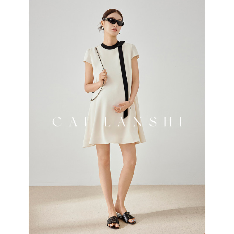Noble Baby Maternity Wear 2026 Summer Round Neck Ribbon Design Short Skirt Loose Belly-Covering Maternity Dress for Women