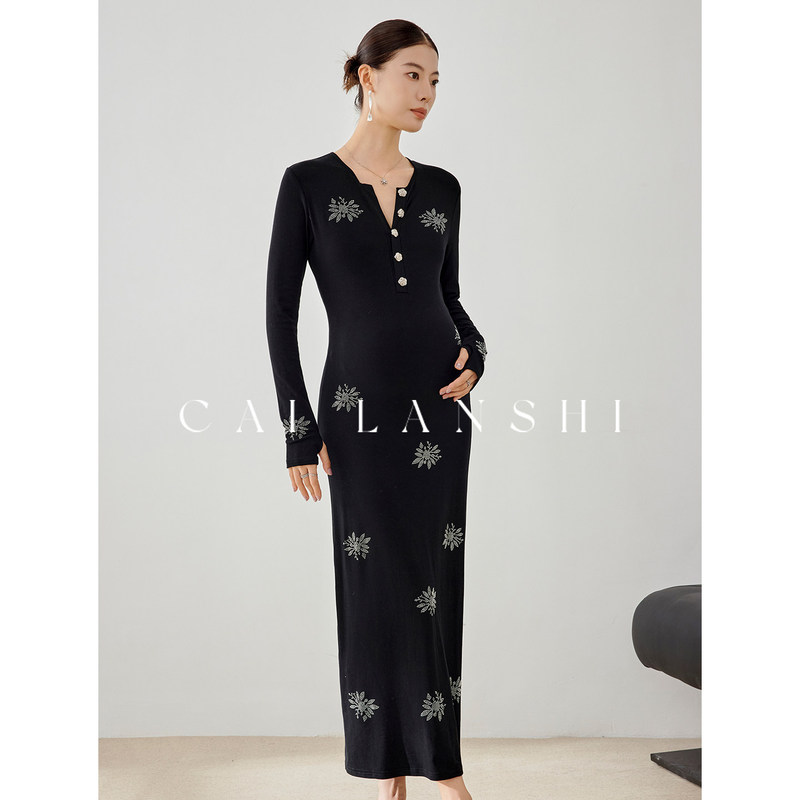 Noble Baby Maternity Wear Spring and Autumn V-Neck Long-Sleeved Knitted Dress Slim Fit Elastic Hip-Hugging Elegant Long Dress Noble Baby Maternity Wear Spring and Autumn V-Neck Long-Sleeved Knitted Dress Slim Fit Elastic Hip-Hugging Elegant Long Dress