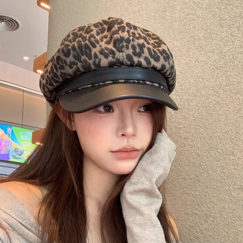 Korean Style Fashion Leopard Print Newsboy Cap for Women, Spring and Autumn 2025 New Style, Elegant and Face-Slimming Painter's Hat, Versatile