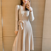 Fat Mm Cardigan Design Sensation Belt one-piece dress Skirt Woman Autumn Winter Cashew Strap Over Knee Long slim Temperament Sweater Dress