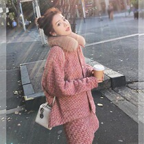 Small fragrant wind foreign jacket winter sweaty suit suit female Korean version small sub-body short a word dress two-piece set