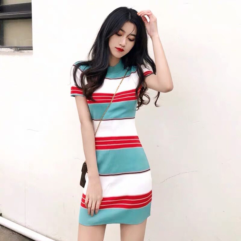 Net reddresses Summer 150 small sub-knit foreign dress Cairoy Elegant Wind Striped SLIM SEXY BAG HIP SHORT DRESS