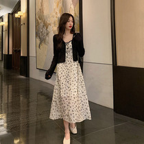 Knitted suit Womens autumn and winter Two sets of casual braces Skirt Ocean Air Reduction of small Subhigh waist Flower Inprint harness Long dress