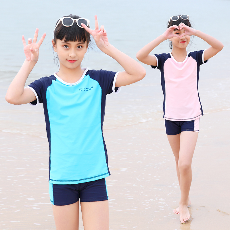 Children's swimsuit women's two-piece girls CUHK children's students sunscreen speed dry conservative short sleeves 50% Pants Princess Swimsuit