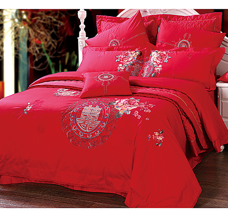 Pure cotton gold number Yishijia bedding four-piece set of red wedding happiness flowers high-grade new embroidery 