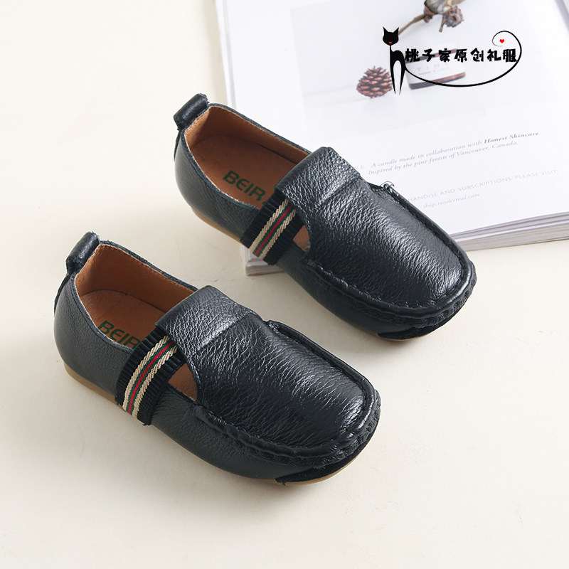 Boy Black Leather Shoes Spring Autumn Soft Bottom Little Genuine Leather Performance Bull Leather Bean Bean Shoes One Foot Pedal Tightness Children Suit Shoes-Taobao