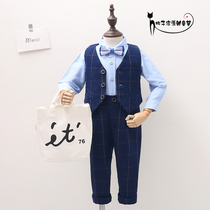 Boy's suit three - piece suit for children's suit boy's flower dress British wind 2022 children's performance moderator