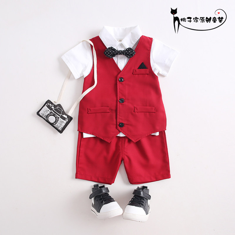 One-year-old dress male summer baby red small suit boy dress suit British style children's suit handsome flower girl