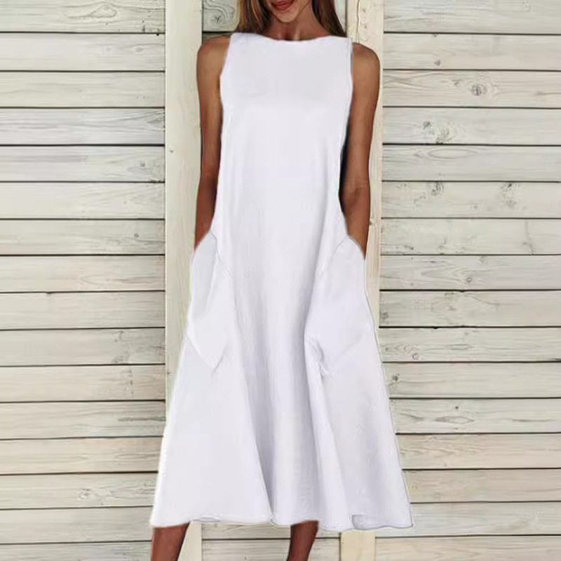 Factory Direct Sales 2026 European and American New Style Amazon Aliexpress Dress Round Neck Sleeveless Double Pocket Long Dress Factory Direct Sales 2026 European and American New Style Amazon Aliexpress Dress Round Neck Sleeveless Double Pocket Long Dress