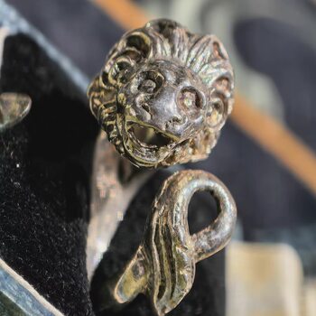 欧洲中古Vintage 古典神话 925银雄狮蛇首对向开口戒指 指围16号