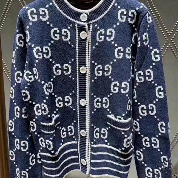Gucci/Gucci New Model Embroidered Double g Letters on the Hem with Contrasting Striped Knit Cardigan for Women, Sweater Jacket for Men