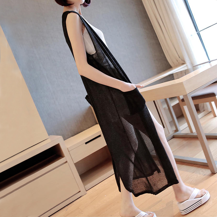 Ice Silk Cardigan for Women, Mid-Length Shawl, Spring and Summer Sleeveless Outerwear, Knitted Vest, Thin Cotton and Linen Jacket, Extra-Long Vest