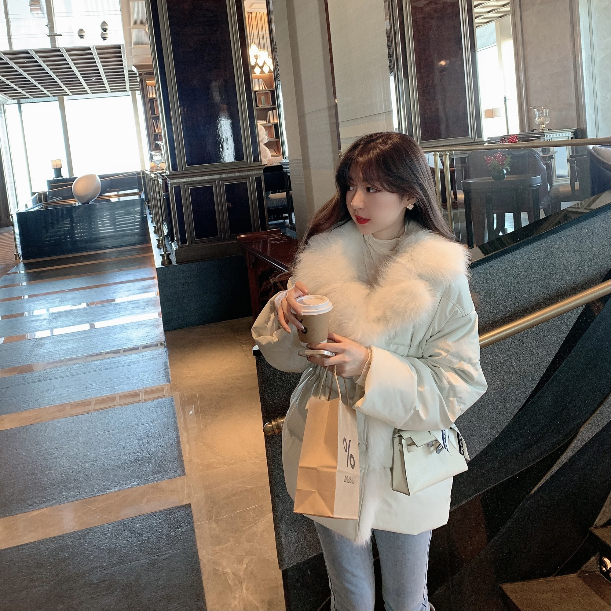 Zhao Baoni pu leather down jacket women's winter new white fox fur collar mid-length thickened white duck down jacket