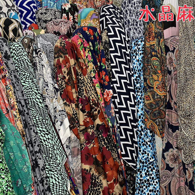Imported Korean crystal hemp fabric four-sided elastic printing crystal hemp milk silk geometric clothing fabric dress