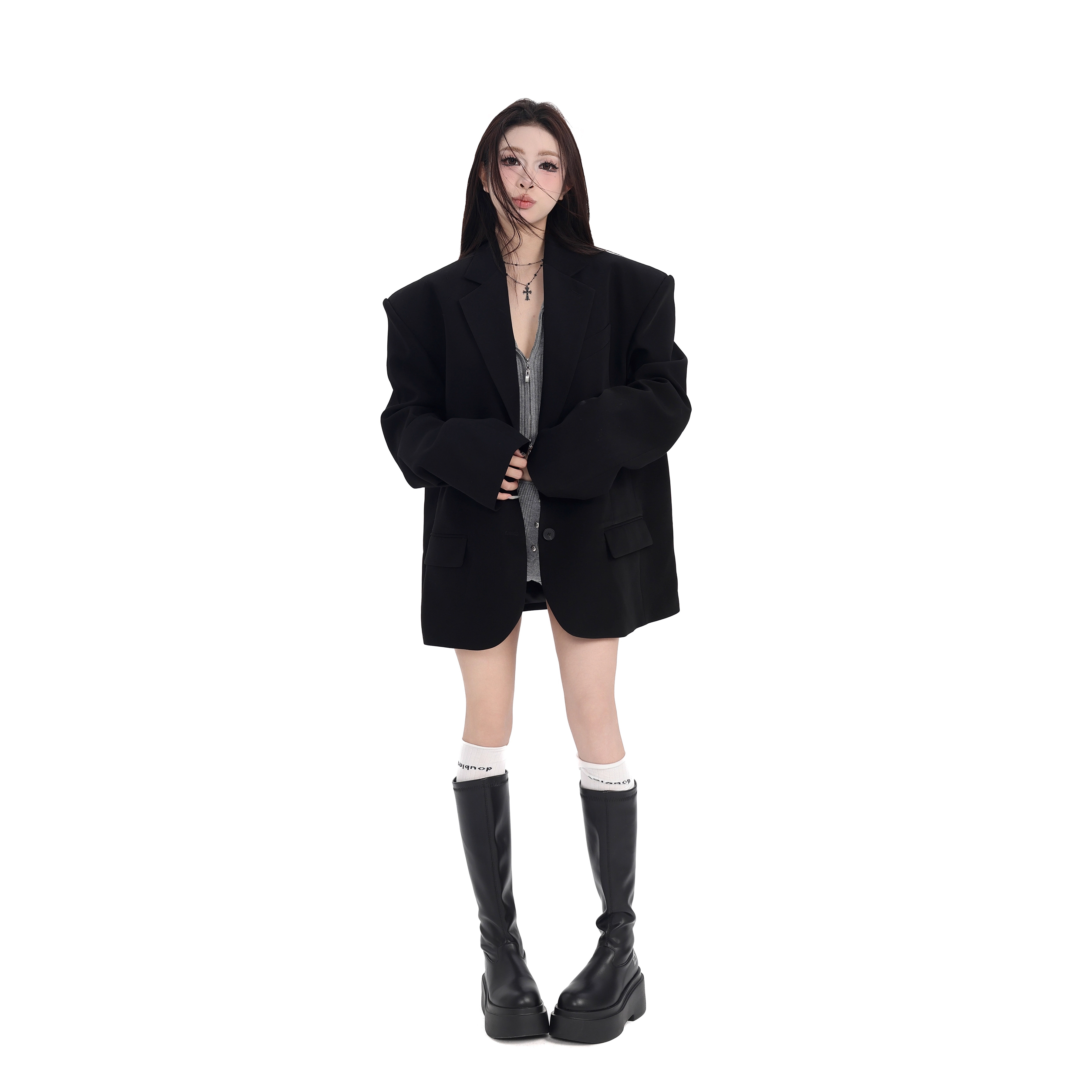 Весенне-осенний высококачественный повседневный свободный костюм средней длины с накладками на плечах, текстура оверсайз, маленький костюм, пиджак для женщин