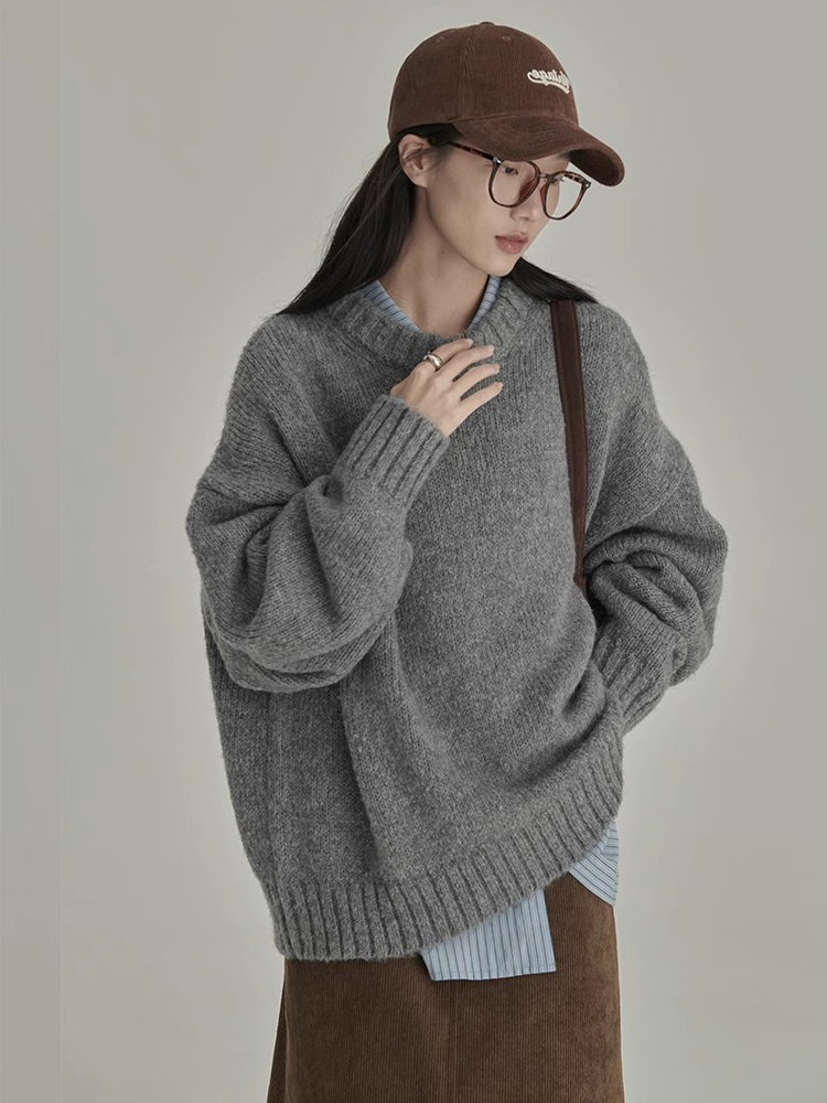 Autumn and winter Lazy Wind Retro round neckline sleeves Head loose Horse Sea fur Outer wear Inner lap Thickened Sweater Women Tide-Taobao