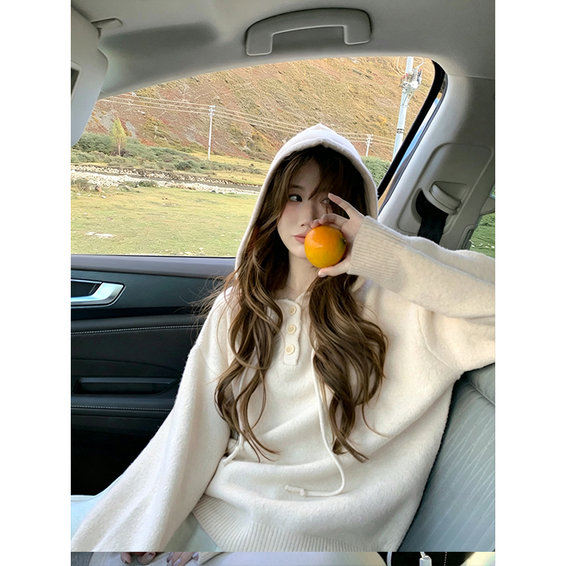 Autumn and Winter Relaxed Fit Pullover Loose Hooded Casual White Layered Outerwear Inner Wear Thickened Knit Sweater for Women Autumn and Winter Relaxed Fit Pullover Loose Hooded Casual White Layered Outerwear Inner Wear Thickened Knit Sweater for Women