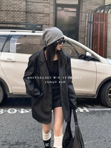 Advanced Sensory Locomotive Retro Casual Loose in Long Outline Shaped Cushion Shoulder Cool Suit PU Leather Coat Woman Spring Autumn