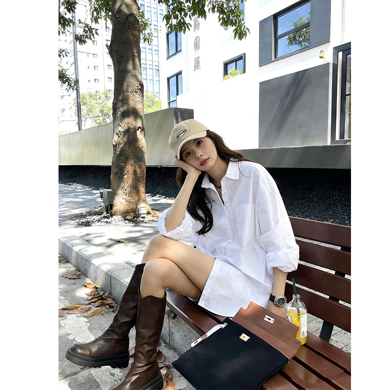 Spring Boyfriend Style Loose Pure White Design Pure Cotton Oversized Lazy Style Mid-Length Shirt Jacket for Women