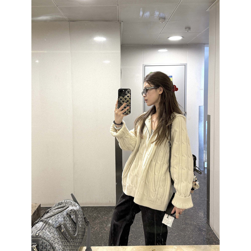 Lazy Style Hooded Loose Thick Soft Zipper Outerwear Cable Knit Sweater Cardigan Sweatshirt Jacket for Women Autumn and Winter
