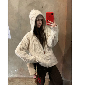 Autumn and Winter Lazy Style Soft and Cozy Zip-Up Layered Casual Thick Knit Hat Sweater Cardigan Sweater Jacket for Women
