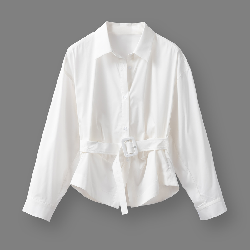 White Polo Collar Long-Sleeve Shirt for Women, 2026 New Spring/Summer Design with Tie Waist, Women's Blouse Top
