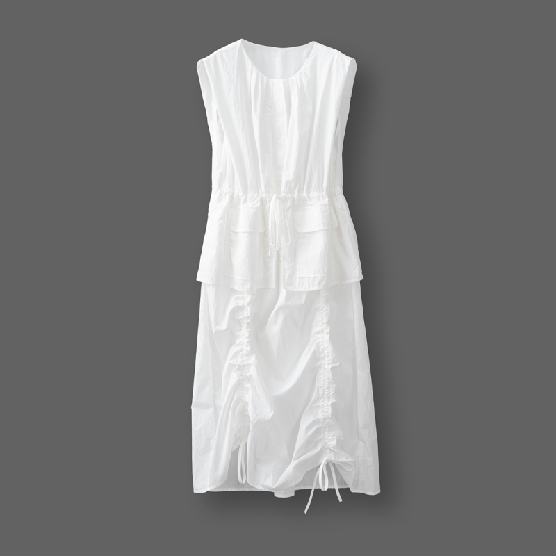 White Faux Two-Piece Sleeveless Workwear Dress for Women, Summer 2026 New Versatile Design with Drawstring Casual Tank Dress
