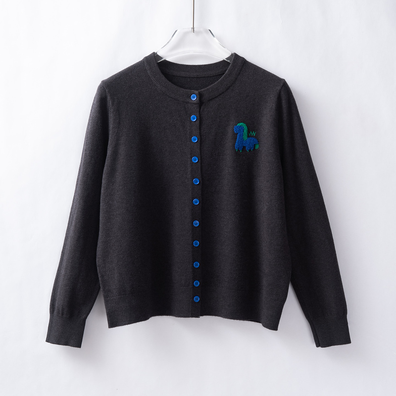 Spring Round-Neck Knitted Long-Sleeve Cardigan for Women with Cartoon Pony Embroidery, New Spring and Autumn Sweater, Base Layer Top
