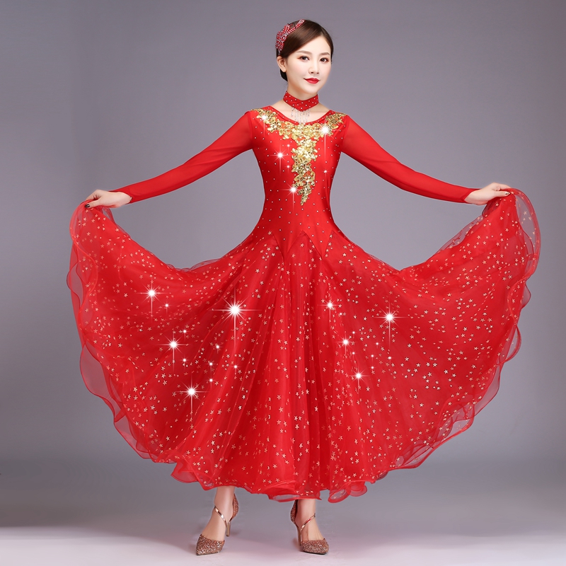 Sequins new modern dance costumes social dance waltz skirt long version dance skirt can be customized national standard