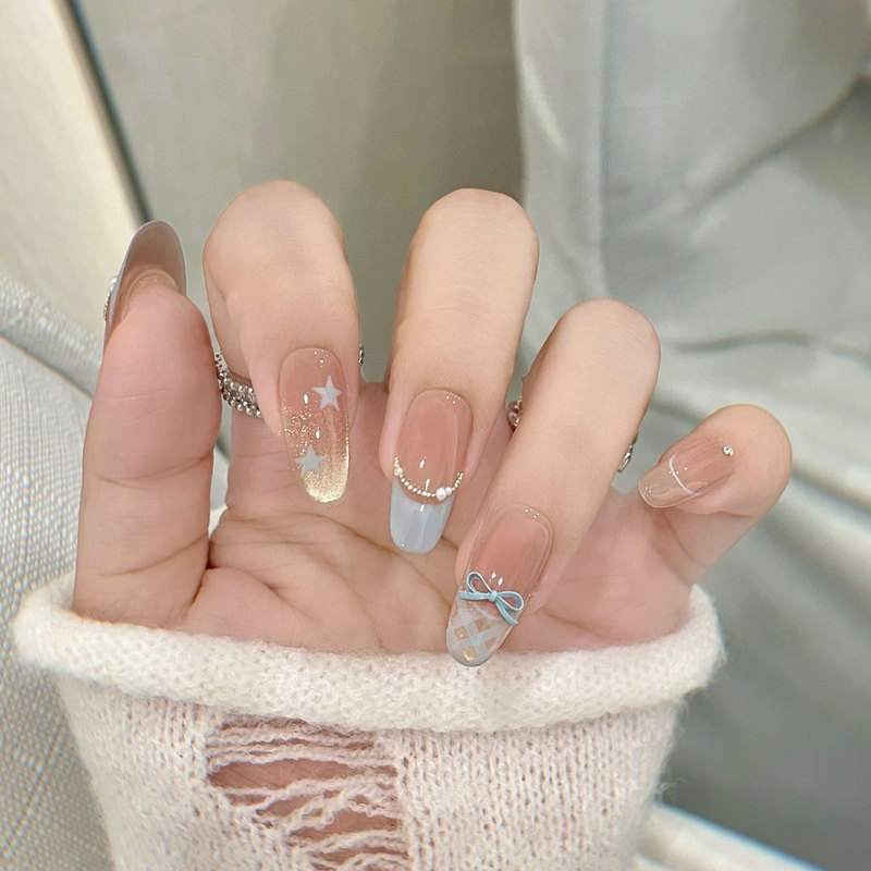 【Sea Salt Star】Pure Desire Water Gloss Cat Eye Clear Ice Blue Pearl French Summer Manicure Handmade Wearable Nails